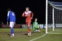 Needham Market striker Seth Chambers, who has scored ten times in this season’s competition, turns away after netting one of his two goals in his side’s 4-2 victory over an Ipswich Town XI in their semi-final at Hadleigh United FC. Photograph: Ben