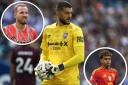 Ipswich Town keeper Aro Muric, centre, has been named in the European team of the week alongside Harry Kane, top left, and Lamine Yamal, bottom right