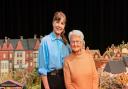 Darcey Bussell with contributor Margaret Seaman at The Forum in Norwich, standing in front of her knitted Sandringham Estate model.