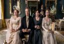 Persuasion. (L to R) Lydia Rose Bewley as Penelope Clay, Richard E. Grant as Sir Walter Elliot, Dakota Johnson as Anne Elliot, Yolanda Kettle as Elizabeth Elliot