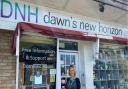 Lorraine Curston, founder of Dawn's New Horizon domestic abuse support group, outside its charity shop on Cannerby Lane, Sprowston, in April 2021.