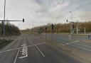 The traffic lights at the bottom of the A47 sip road onto the A146 near where two cars crashed on December 8, 2020.