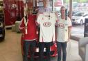 Left to right, Sprowston Cricket Club vice-chairman Sudhir Sudy Trivedi, NMG managing director Grant Long and cricket club captain Graham Hampson with the new kit sponsored by NMG and Kia and bat signed by Alec Stewart, a former England captain. Picture: