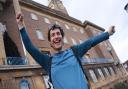 Lee Skoyles, 29, celebrates as he arrives at the City Hall after completing his walk from Land's End to Norwich in 19 days for Headway Norfolk and Waveney. Picture: DENISE BRADLEY