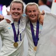 England's Lauren Hemp and Chloe Kelly following victory over Germany in the UEFA Women's Euro 2022 final at Wembley Stadium