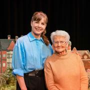 Darcey Bussell with contributor Margaret Seaman at The Forum in Norwich, standing in front of her knitted Sandringham Estate model.