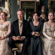 Persuasion. (L to R) Lydia Rose Bewley as Penelope Clay, Richard E. Grant as Sir Walter Elliot, Dakota Johnson as Anne Elliot, Yolanda Kettle as Elizabeth Elliot