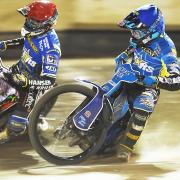 Niels-Kristian Iversen and (blue) Lewis Kerr in action at the Adrian Flux Arena