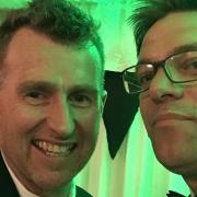 Nigel Owens was guest speaker at the Wymondham Rugby Club fundraising dinner.  Pictured in a selfie with Glen Allott