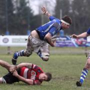 Action from Diss (blue) v Maidstone in the Intermediate Cup at Mackenders. Picture: Jon Bulloch