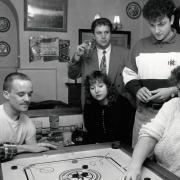 A Carrom game at the Coachmakers Arms on St Stephens Street in Norwich in April 1992.