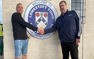 Gorleston chairman Jamie Humphries and Lowestoft Town FC chairman Gary Keyzor shake hands on the groundshare agreement at Crown Meadow.