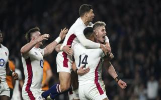 England's Freddie Steward (right) celebrates after scoring his team's first try during the Autumn International match against Australia.