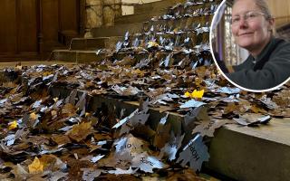 A new art installation to remember Covid victims in St Peter Mancroft Church. Pictured inset is Revd Fiona Haworth