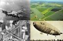 Clockwise from top left,  a Flying Fortress, a modern day view of RAF Fersfield, an airship at Pulham St Mary and a 1946 view of Fersfield