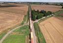 Photo of the crash scene after a freight train collided with a tractor between March and Whittlesey. The image was provided by Fenland Aerial Photography (Steve Oldfield)