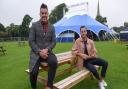 Stephen Crocker, chief executive and creative director of Norwich Theatre, and Paul Taylor-Mills, producer of The Wind in the Willows and artistic director of The Turbine Theatre, at the Interlude tent in Norwich Cathedral Close.