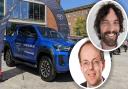 A campaign group has criticised The Forum for allowing car displays. Inset: Matt White, founder of Car-Free Norwich, and Tim Bishop, CEO of the Forum Trust