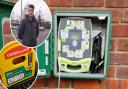 A new defibrillator has arrived in Costessey after someone damaged some life saving equipment. Inset: Costessey councillor Gary Blundell