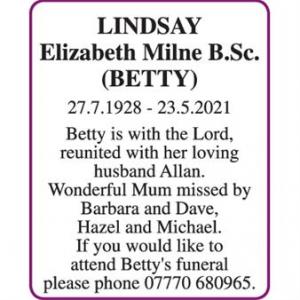 ELIZABETH MILNE (BETTY) LINDSAY B.Sc.