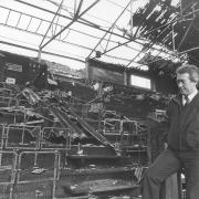 Norwich City manager Ken Brown surveys the damage following the Carrow Road fire in October 1984