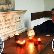 Josiah English, manager of the Julian Centre, at St Julian's Church in Norwich. Inset: King Charles inspects the embroidered screen featuring the words of Julian of Norwich, of whom there is a mural in Ber Street (left)