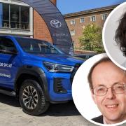 A campaign group has criticised The Forum for allowing car displays. Inset: Matt White, founder of Car-Free Norwich, and Tim Bishop, CEO of the Forum Trust