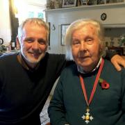 Biographer Ian Collins celebrates with close friend Ronald Blythe on the writer’s 99th birthday in November 2021. Note  his CBE, poppy and panic button never pressed once!    (Photo supplied).