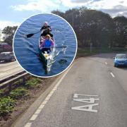 The A47 was blocked near Norwich after three canoes fell from a trailer