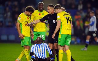 Sheffield Wednesday's Djeidi Gassama surrounded by Norwich City's Jacob Sorensen and Emiliano Marcondes during the Sky Bet Championship match at Hillsborough, Sheffield. Picture date: Tuesday November 5, 2024. PA Photo. See PA story SOCCER Sheff Wed.